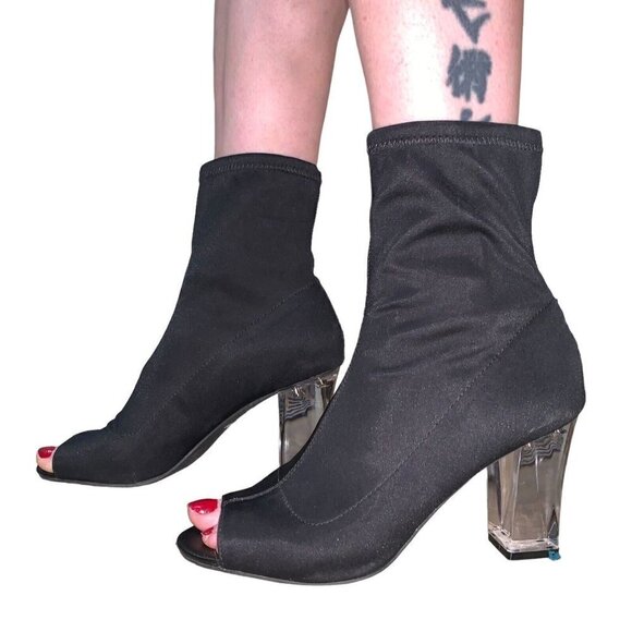 Parker & Sky Women's Ankle Booties Size 8.5 Satin Fabric Lucite Heels Peep Toe - Picture 2 of 7